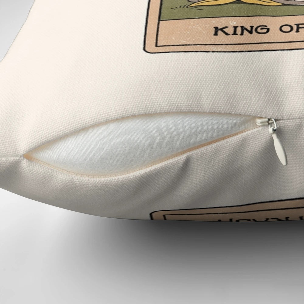A plush and whimsical "King of Trash" pillow featuring a raccoon or possum design, perfect for adding a touch of mystical charm to any room.