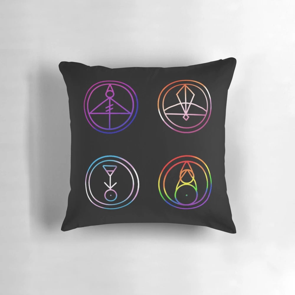 Vibrant pillow featuring the glyphs and characters from the popular LGBTQ-inclusive cartoon "The Owl House"