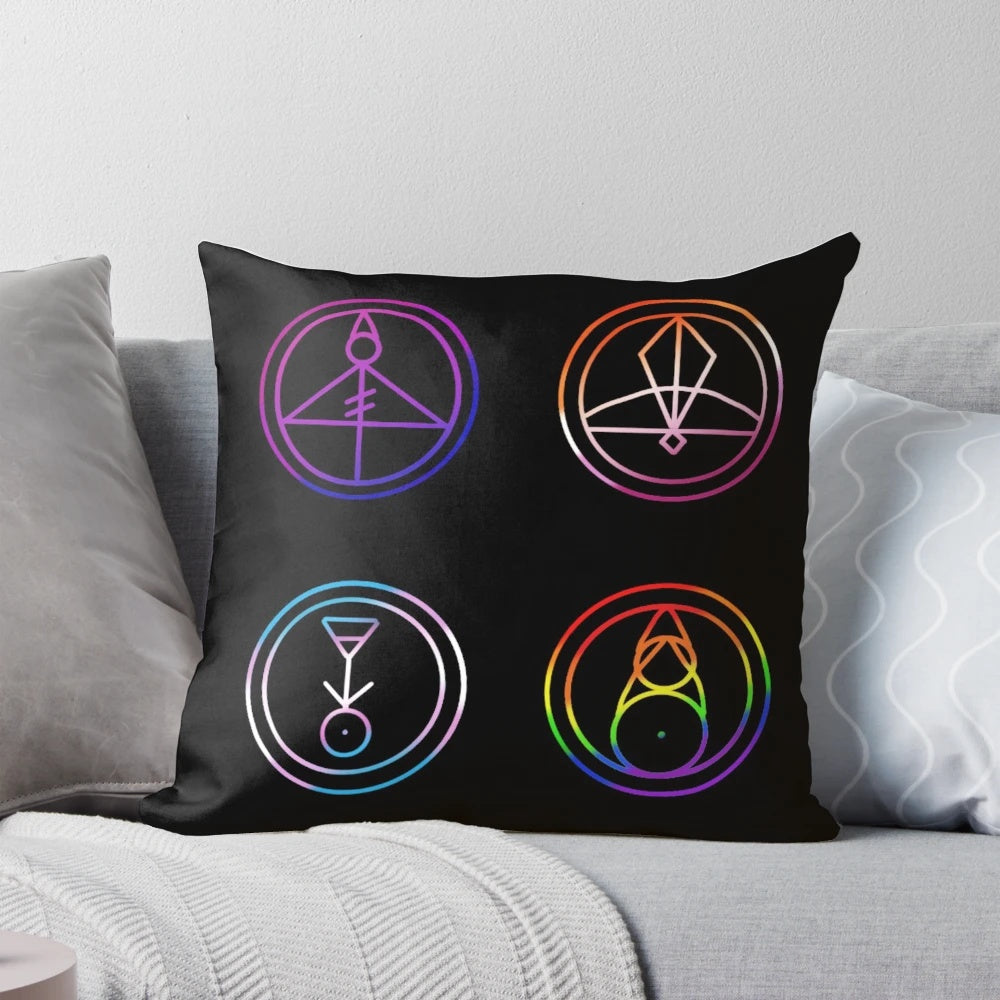 Vibrant pillow featuring the glyphs and characters from the popular LGBTQ-inclusive cartoon "The Owl House"