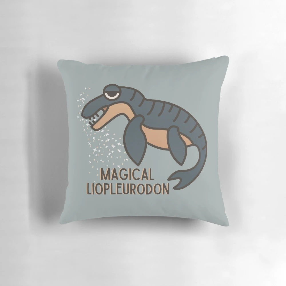 Colorful and whimsical pillow featuring the magical liopleurodon from the popular Charlie the Unicorn YouTube series.