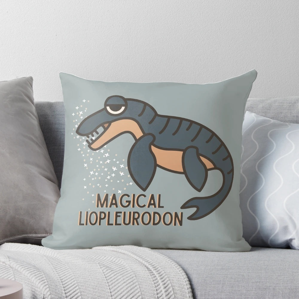 Colorful and whimsical pillow featuring the magical liopleurodon from the popular Charlie the Unicorn YouTube series.