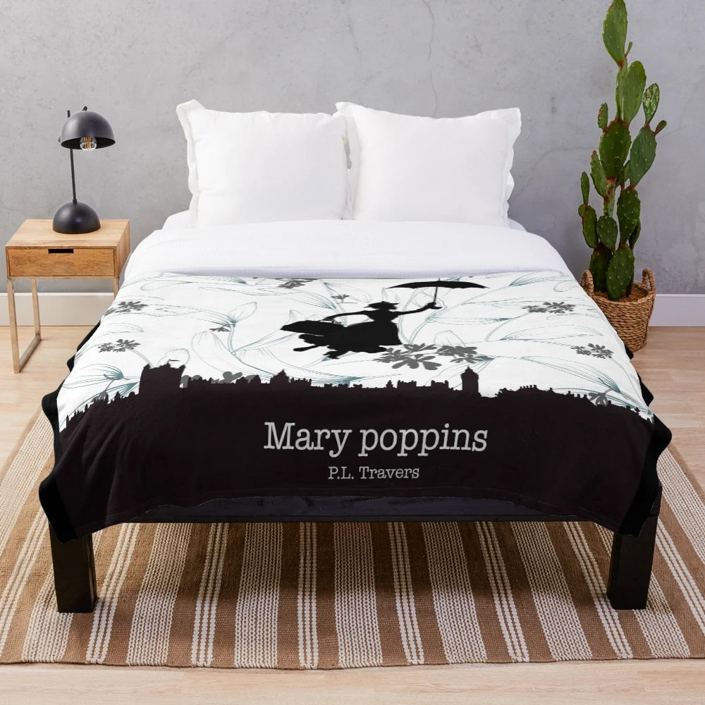 Mary Poppins inspired plush blanket with silhouette, book cover, and London skyline design
