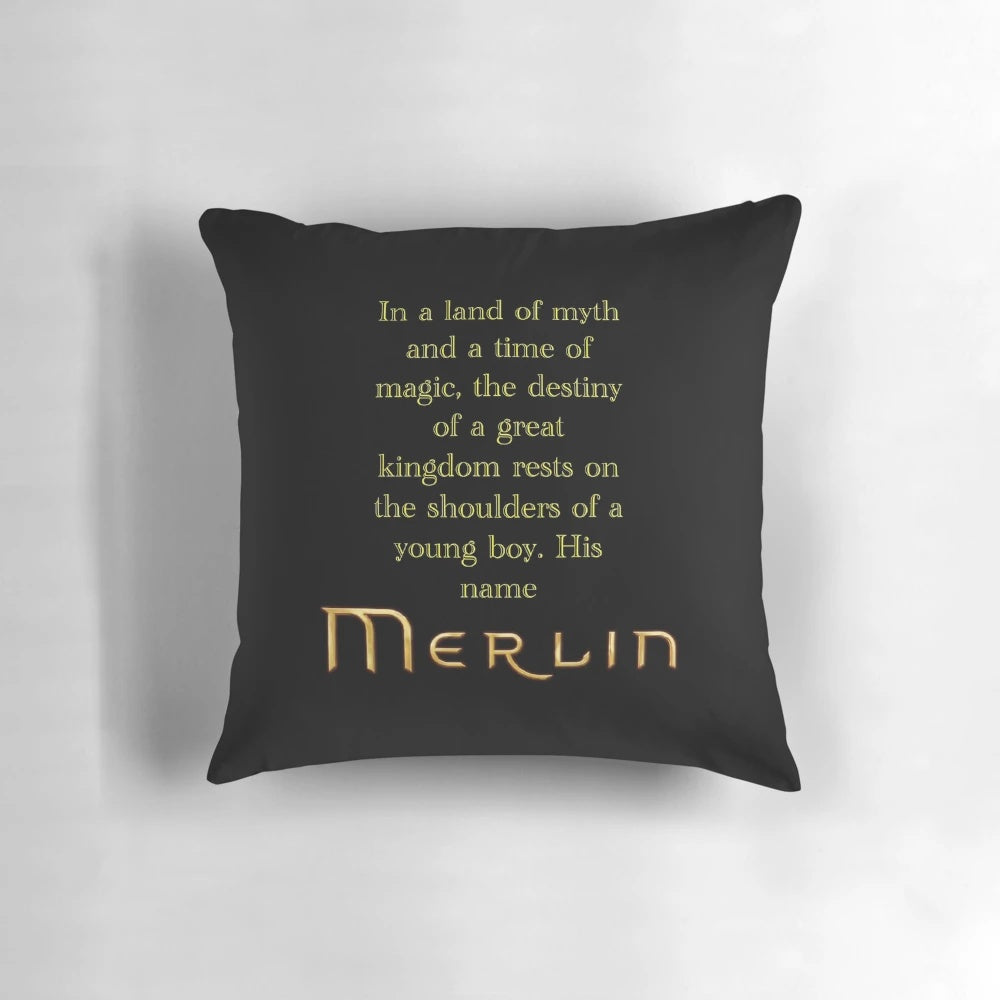 Decorative throw pillow featuring a Merlin the Wizard design