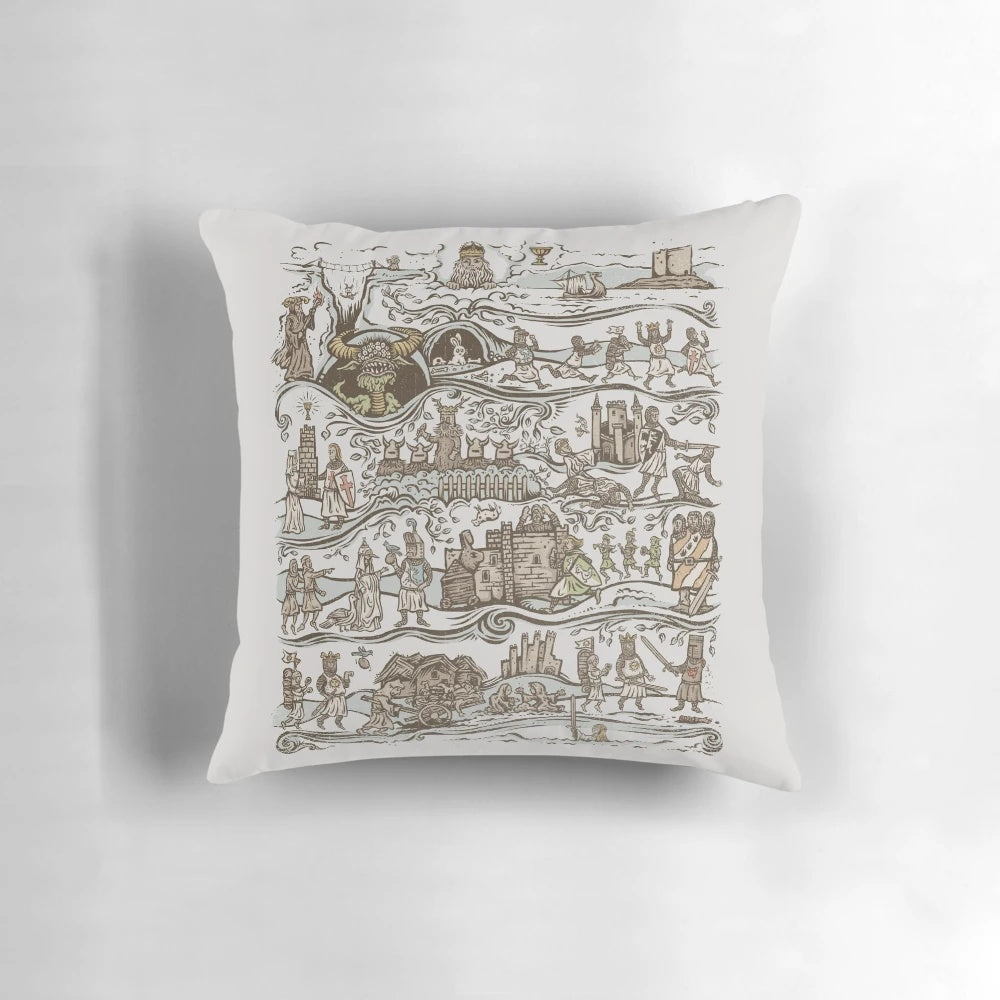 Vibrant pillow featuring characters and imagery from the Monty Python and the Holy Grail film, designed with an Escher-inspired pattern.