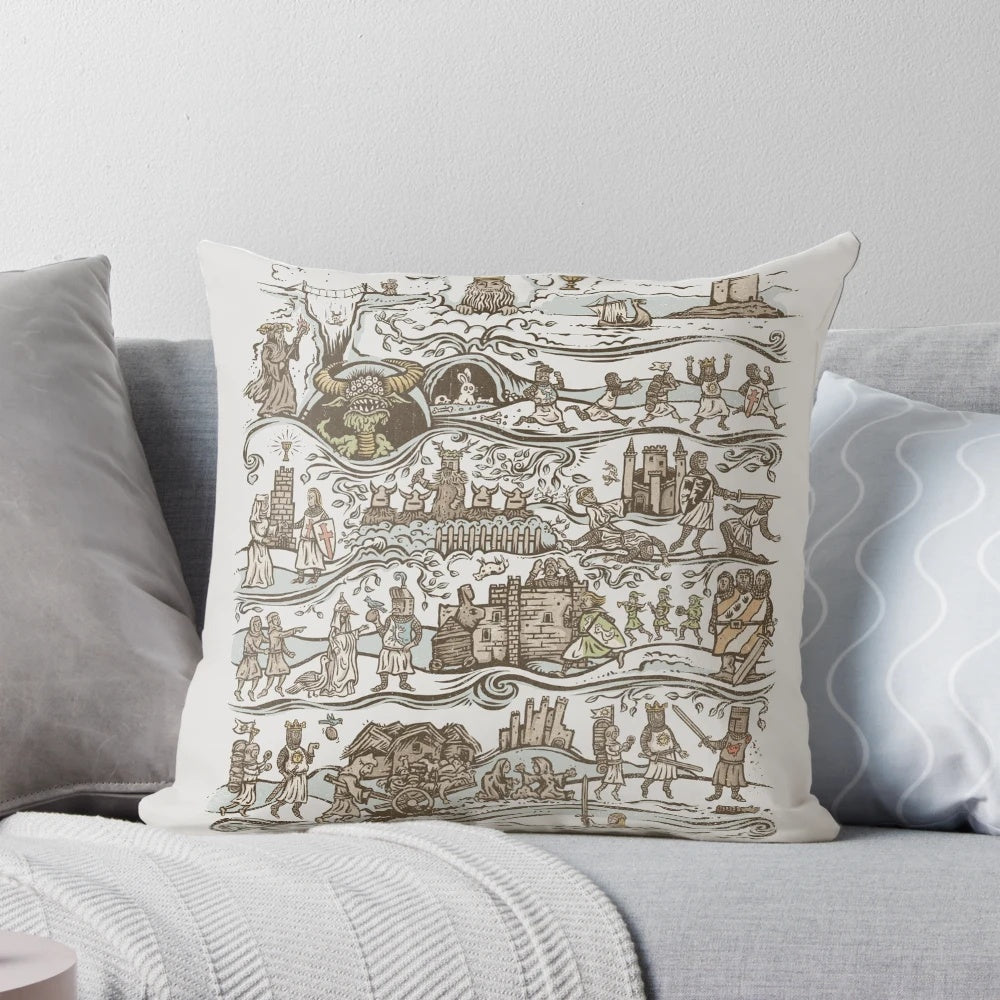 Vibrant pillow featuring characters and imagery from the Monty Python and the Holy Grail film, designed with an Escher-inspired pattern.