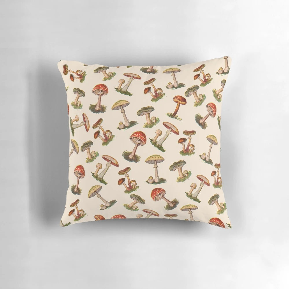 Colorful throw pillow featuring a whimsical mushroom design, perfect for nature-inspired home decor.