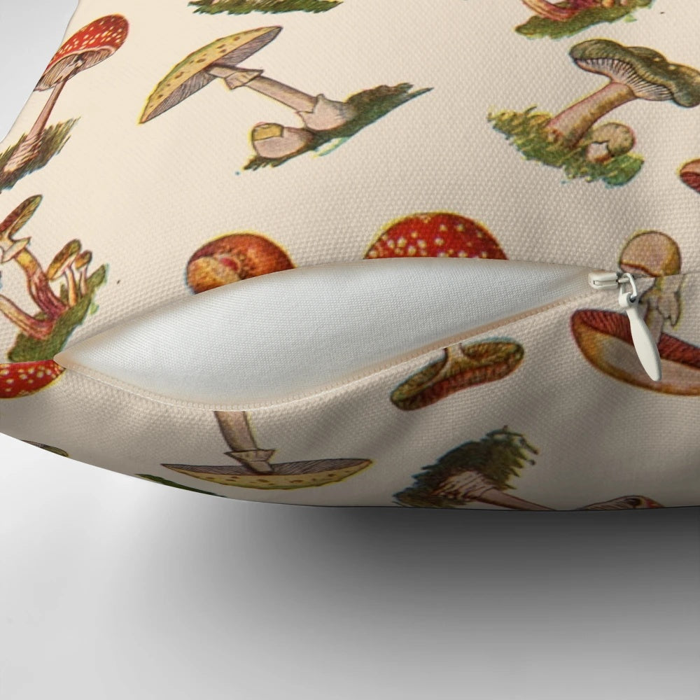 Colorful throw pillow featuring a whimsical mushroom design, perfect for nature-inspired home decor.