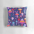 Vibrant navy pillow featuring whimsical mushroom and nature-themed design