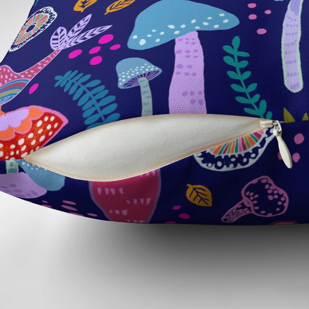 Vibrant navy pillow featuring whimsical mushroom and nature-themed design