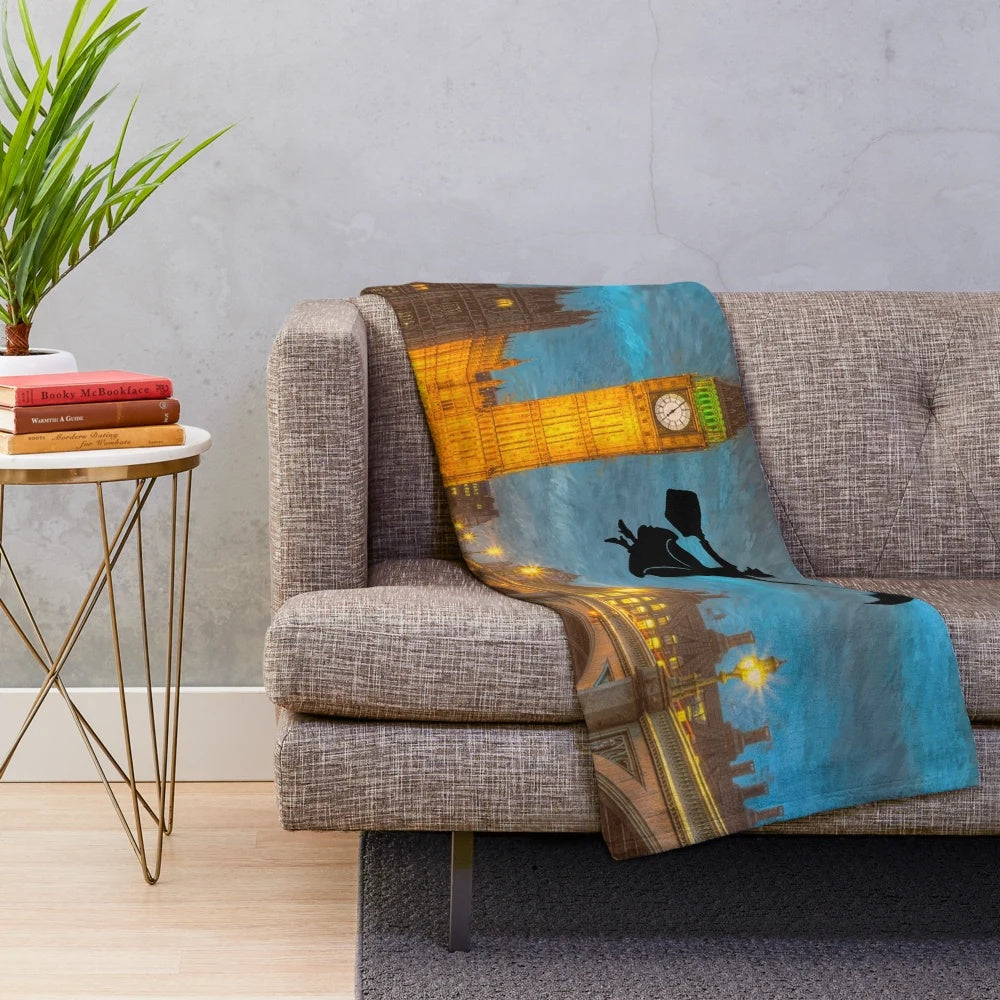 Magical nanny plush blanket with colorful abstract London cityscape