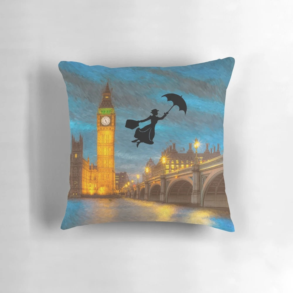 Vibrant wall art featuring a magical nanny soaring over the rooftops of London