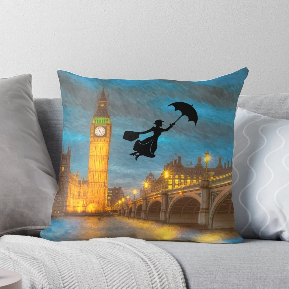 Vibrant wall art featuring a magical nanny soaring over the rooftops of London