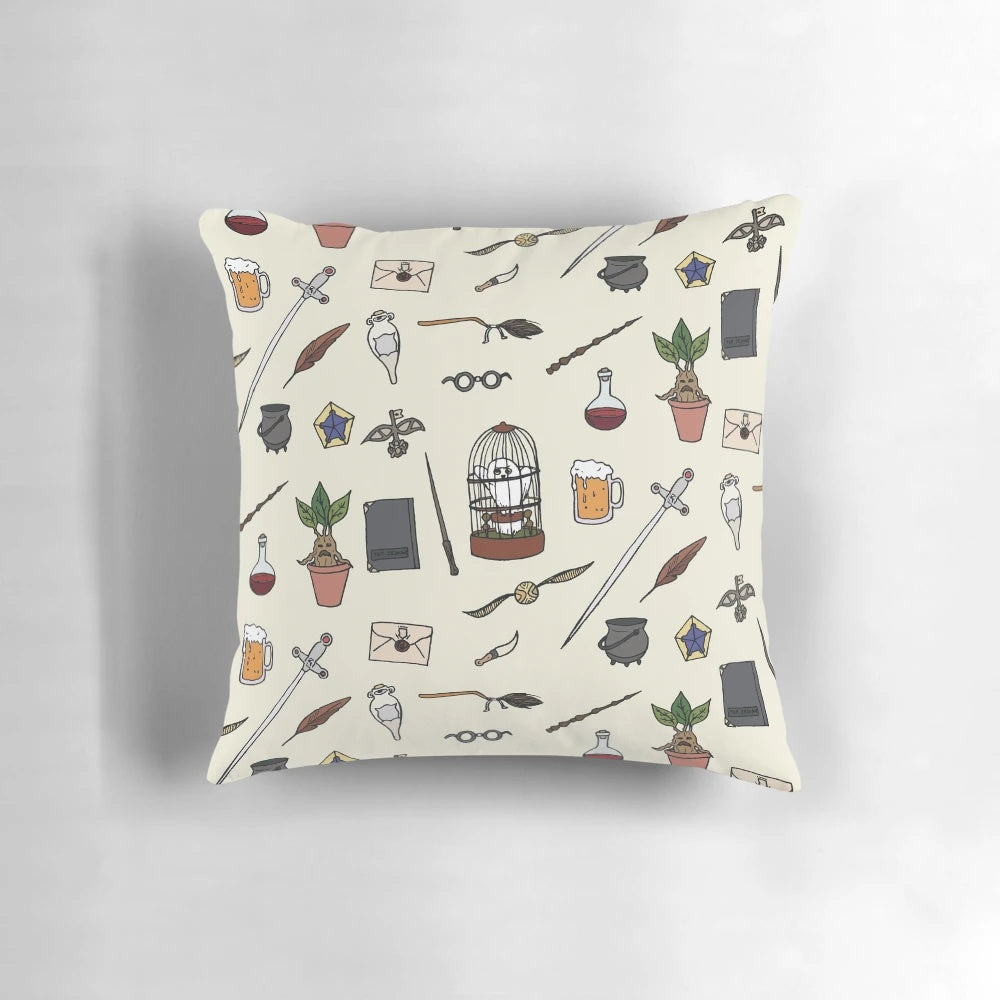 Decorative throw pillow featuring a whimsical owl and wand design, perfect for adding a touch of magic to any bedroom.