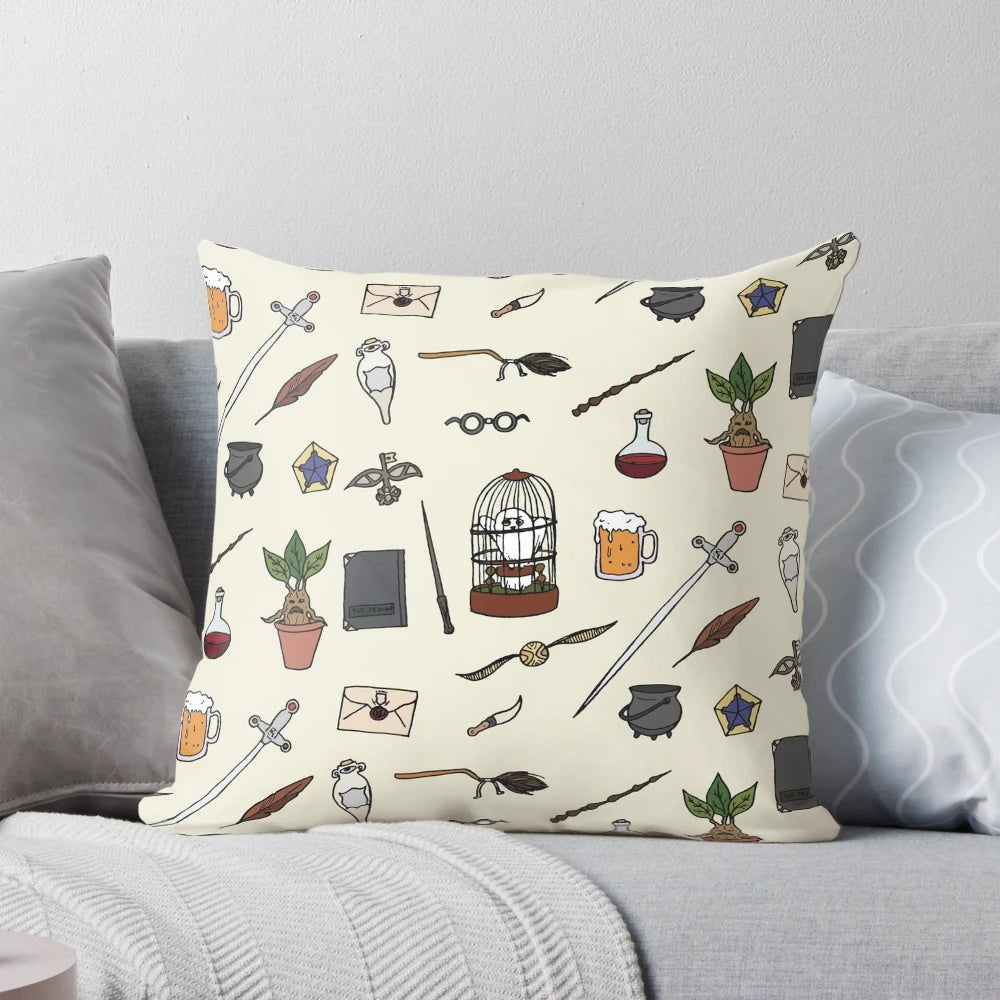 Decorative throw pillow featuring a whimsical owl and wand design, perfect for adding a touch of magic to any bedroom.