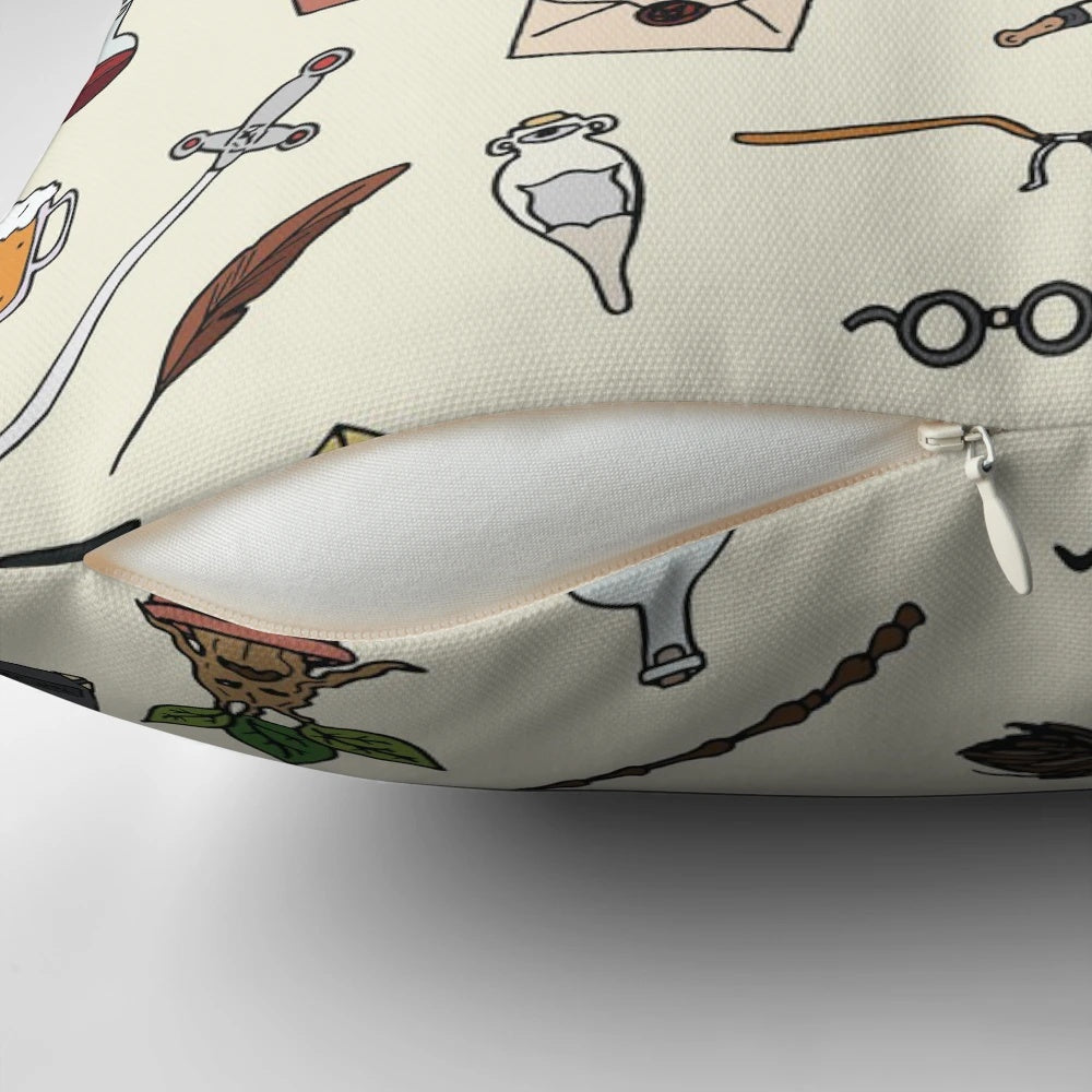 Decorative throw pillow featuring a whimsical owl and wand design, perfect for adding a touch of magic to any bedroom.