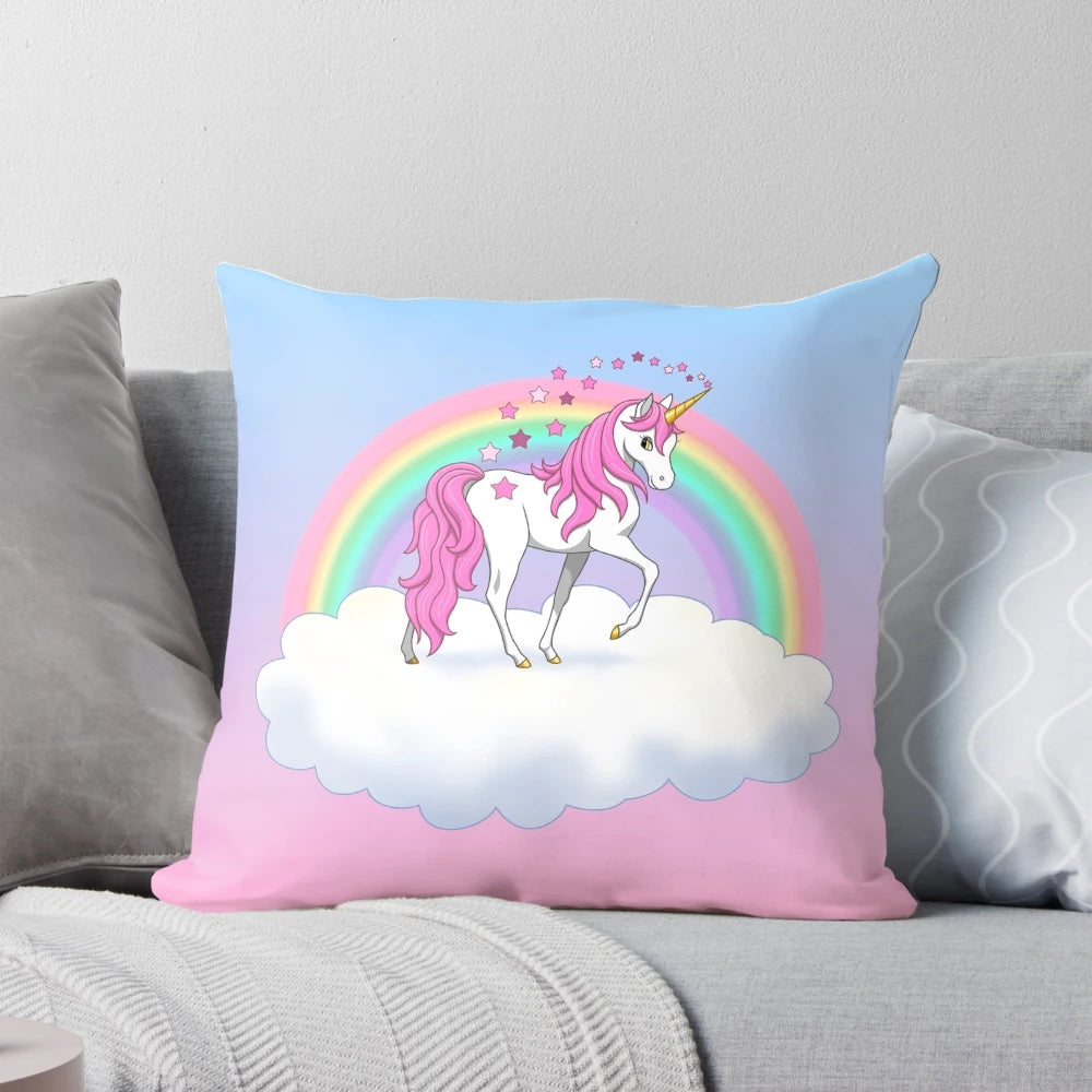 Soft, plush pink unicorn pillow with stars, perfect for adding a touch of whimsy to any room.