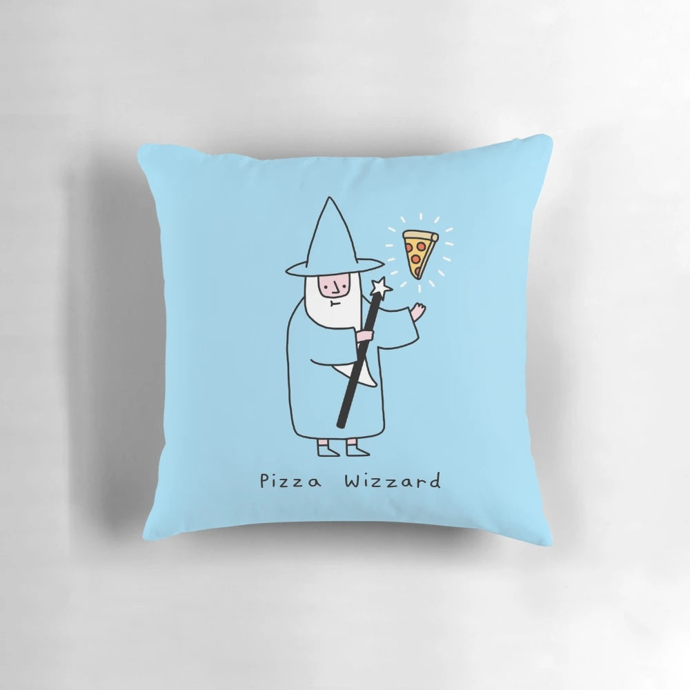 Whimsical blue pillow with a pizza wizard design