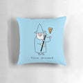 Whimsical blue pillow with a pizza wizard design
