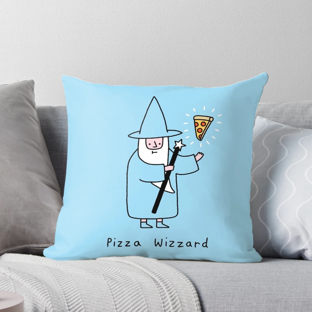 Whimsical blue pillow with a pizza wizard design