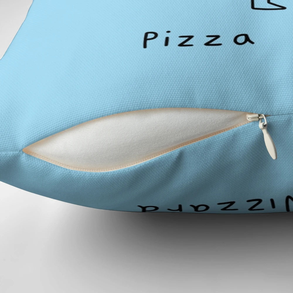 Whimsical blue pillow with a pizza wizard design