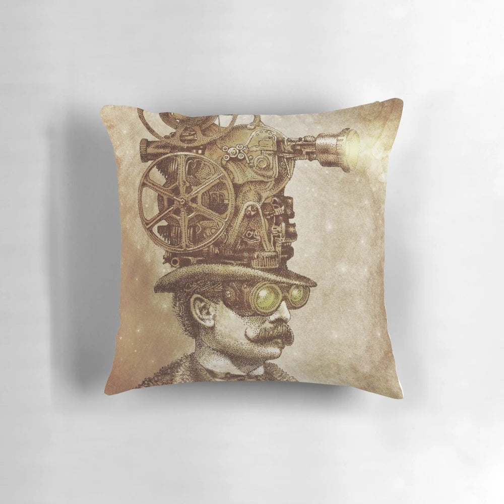 Whimsical and vintage-inspired pillow featuring a projector, night sky, and surreal, fantasy elements.