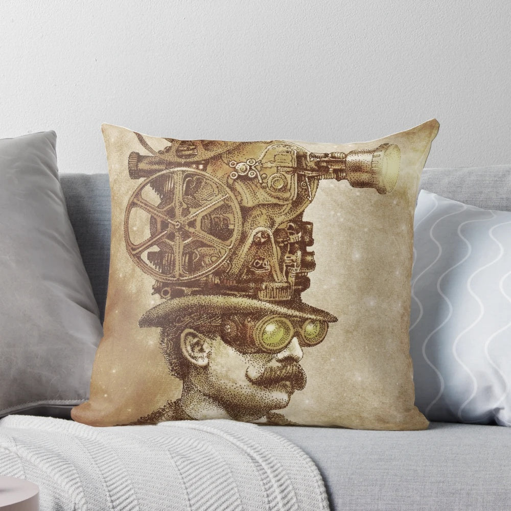 Whimsical and vintage-inspired pillow featuring a projector, night sky, and surreal, fantasy elements.