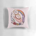 Vibrant rainbow-colored pillow with a cluster of quartz crystals, creating a magical and whimsical design.