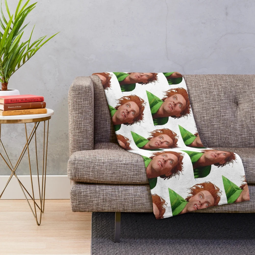 Magical realism digital portrait of the character Drop Dead Fred from the 1990s movie, on a customizable plush blanket