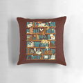 A cozy pillow featuring a whimsical library cat design, perfect for book-loving wizards and nerds.