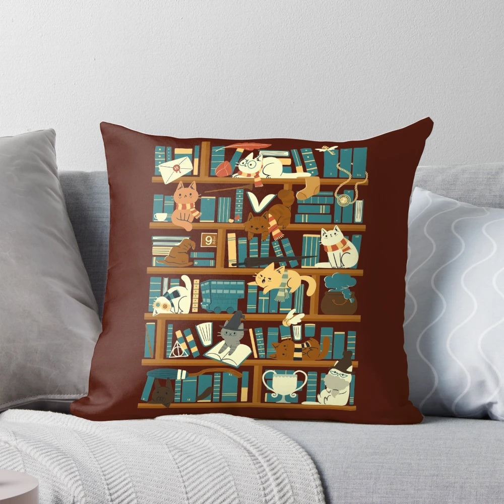 A cozy pillow featuring a whimsical library cat design, perfect for book-loving wizards and nerds.