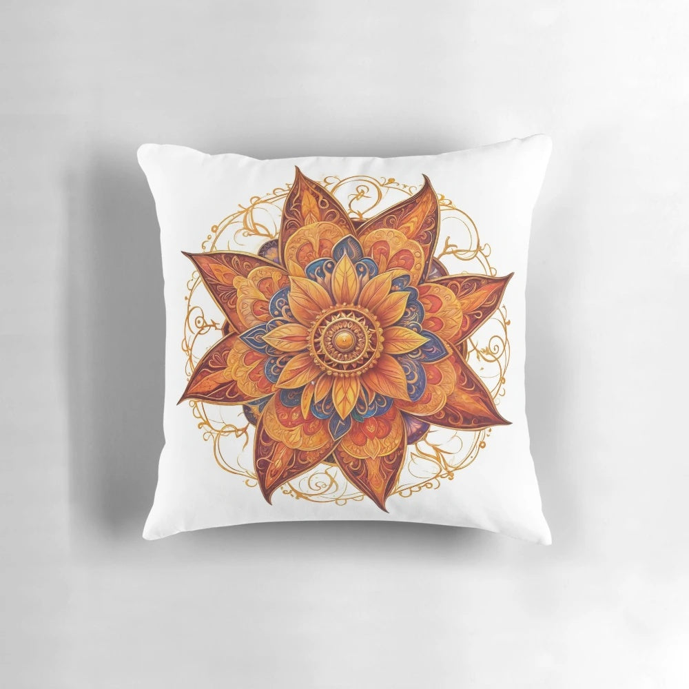 Decorative throw pillow featuring a mandala design with mystical sigils and symbols for love, intention, and spiritual energy.
