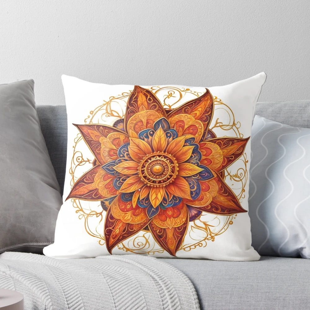 Decorative throw pillow featuring a mandala design with mystical sigils and symbols for love, intention, and spiritual energy.