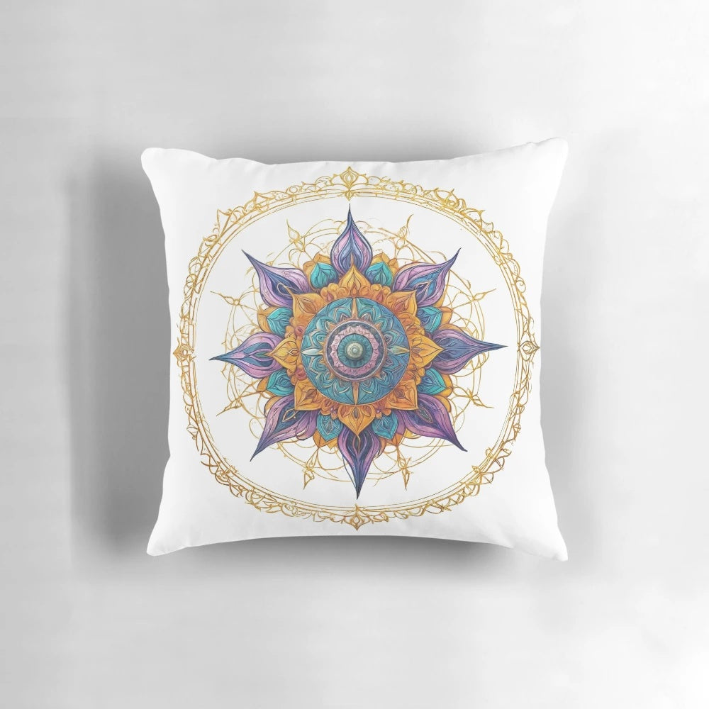 Intricate mandala design pillow with sacred geometry patterns for protection and positive energy.