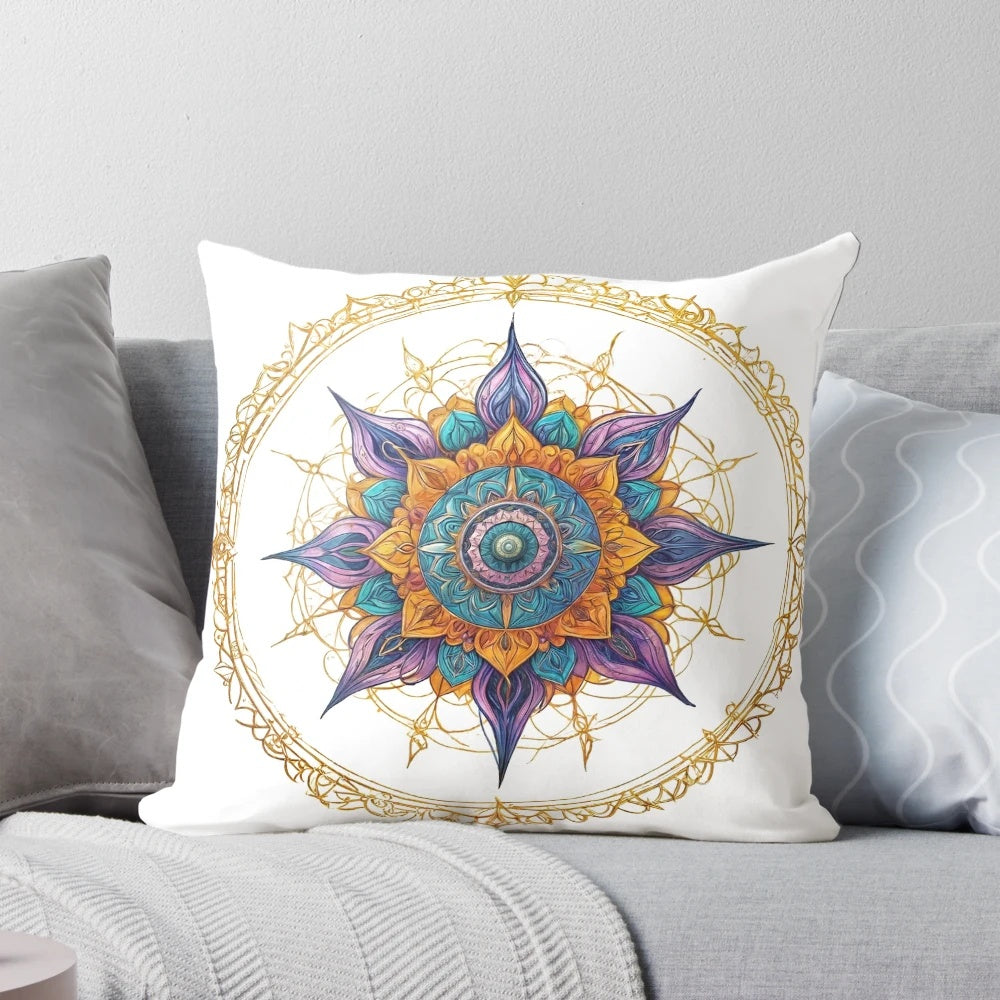 Intricate mandala design pillow with sacred geometry patterns for protection and positive energy.