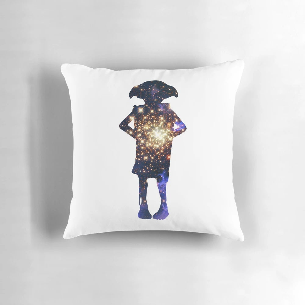A plush, square pillow featuring the beloved house-elf Dobby from the Harry Potter series.