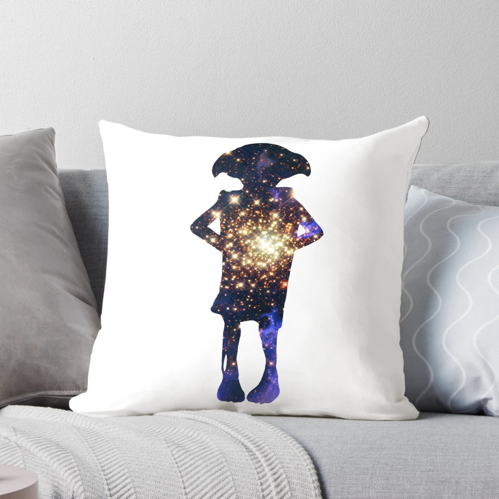 A plush, square pillow featuring the beloved house-elf Dobby from the Harry Potter series.