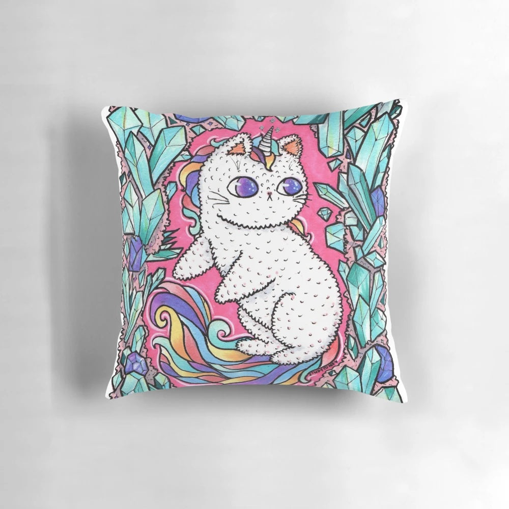 Soft and colorful unicorn kitty throw pillow with pastel rainbow patterns and crystals