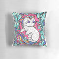 Soft and colorful unicorn kitty throw pillow with pastel rainbow patterns and crystals