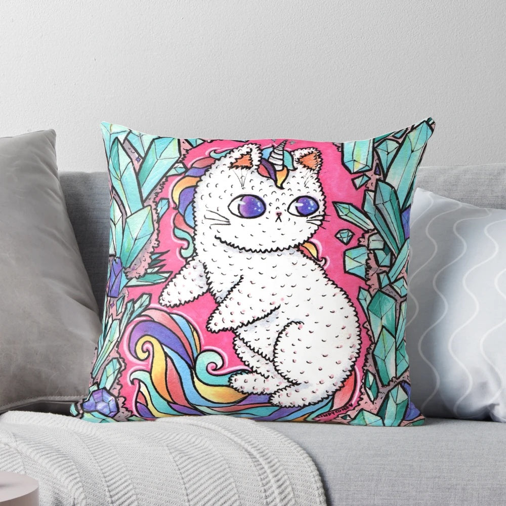 Soft and colorful unicorn kitty throw pillow with pastel rainbow patterns and crystals