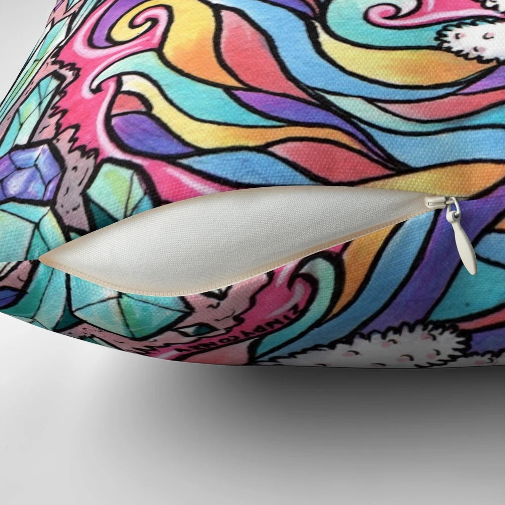 Soft and colorful unicorn kitty throw pillow with pastel rainbow patterns and crystals