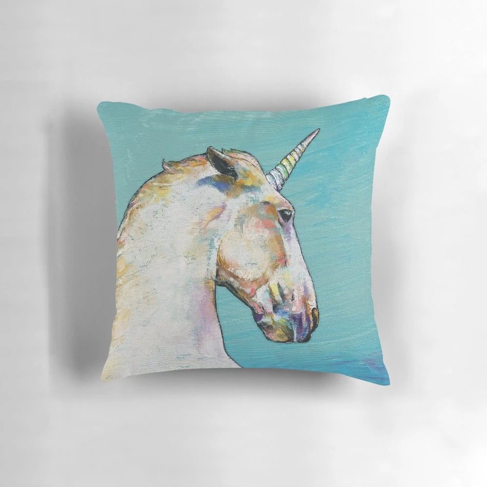 Soft, plush unicorn pillow featuring a whimsical, abstract design by artist Michael Creese.