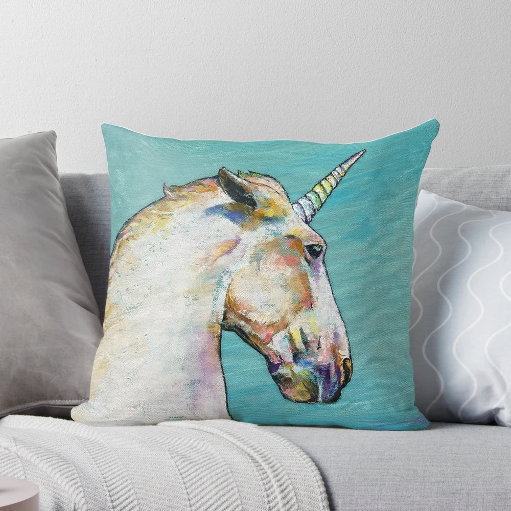 Soft, plush unicorn pillow featuring a whimsical, abstract design by artist Michael Creese.