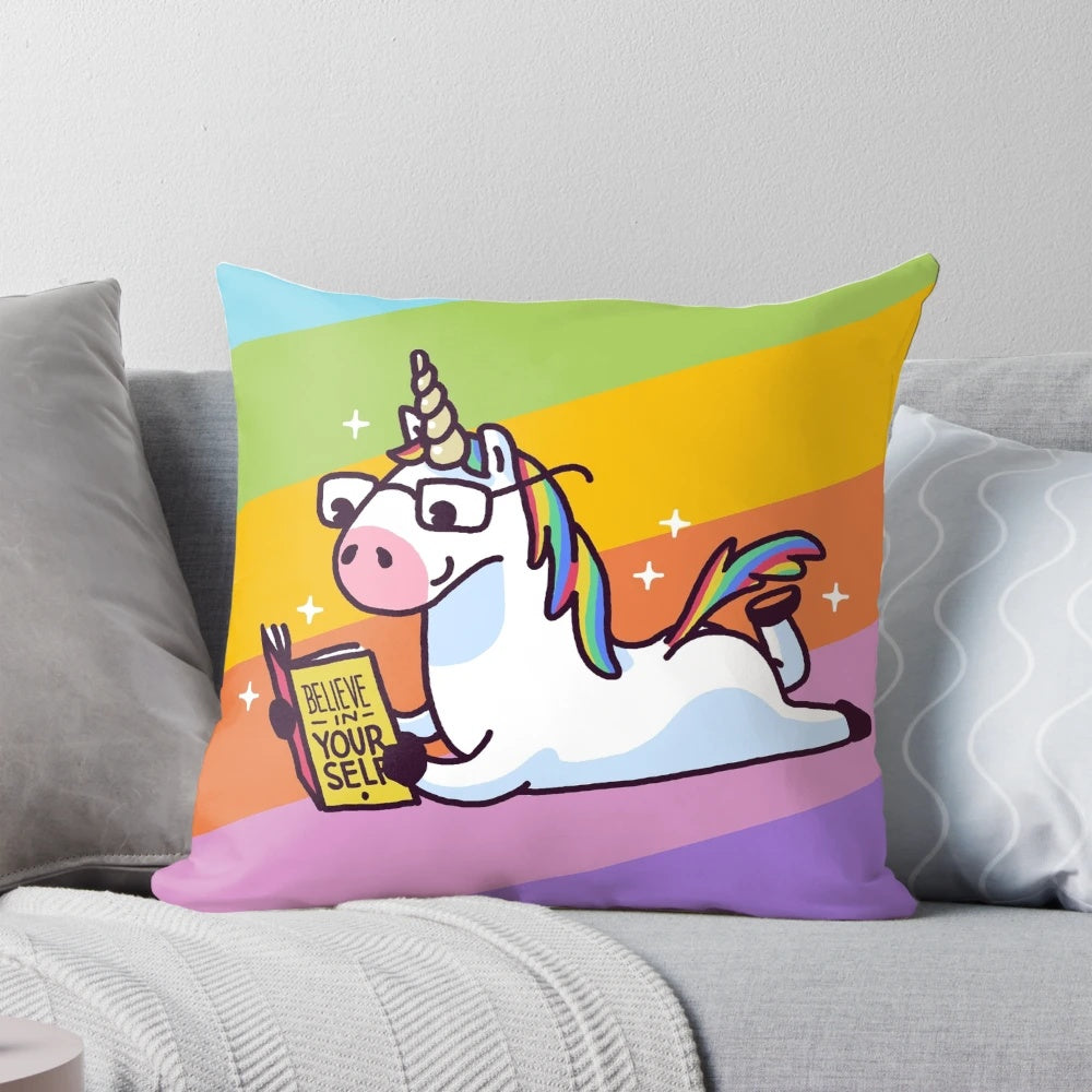 Unicorn-themed decorative pillow with the message "Believe in Yourself