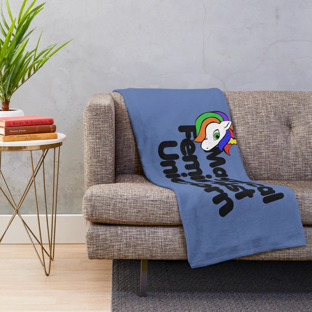 Magical feminist unicorn plush blanket with rainbow design