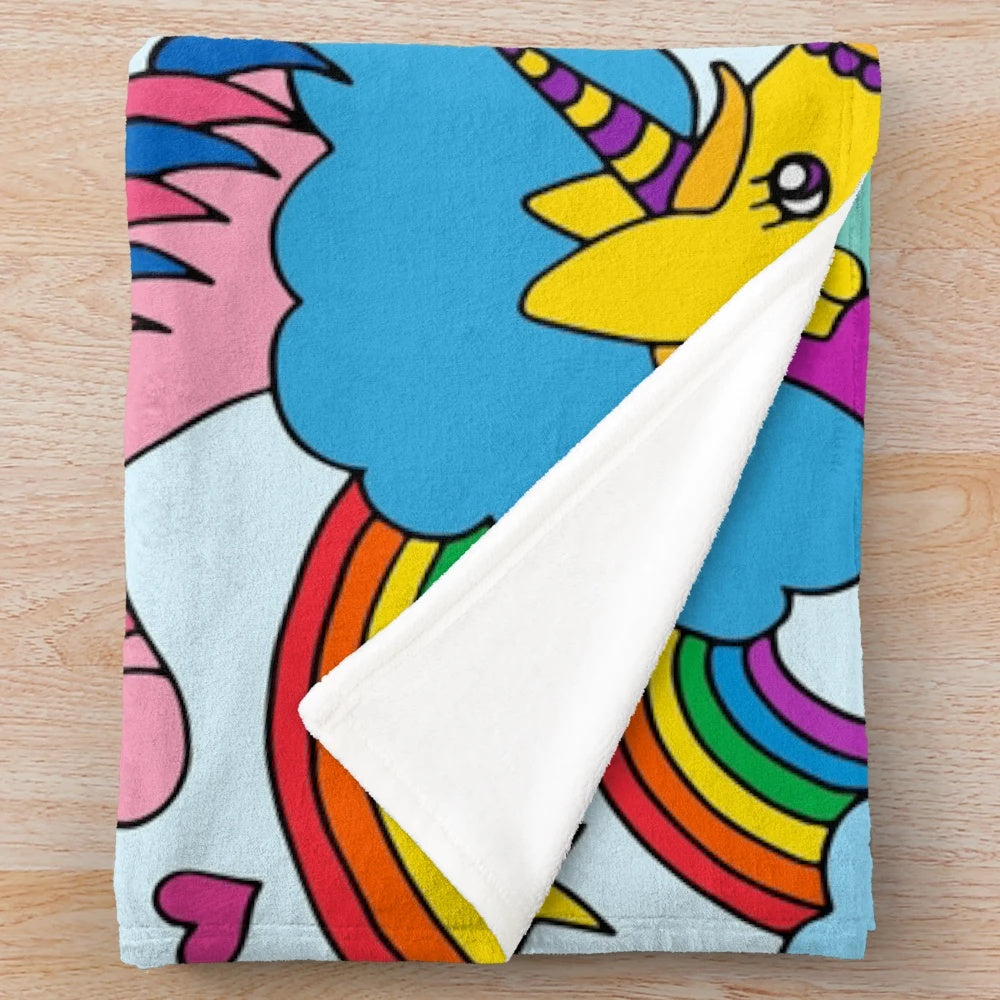 Colorful unicorn plush blanket with clouds and rainbows