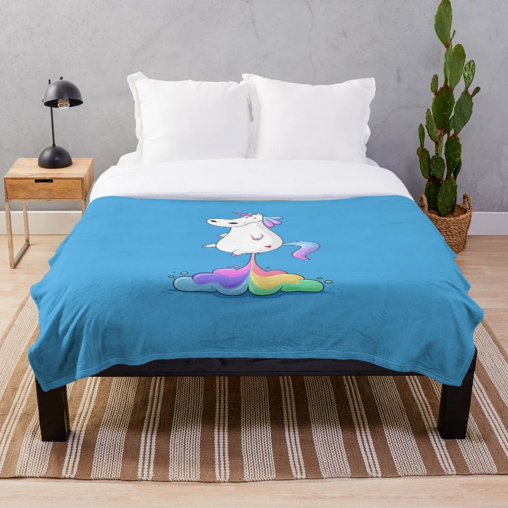 Magical unicorn plush blanket with a whimsical farting unicorn design