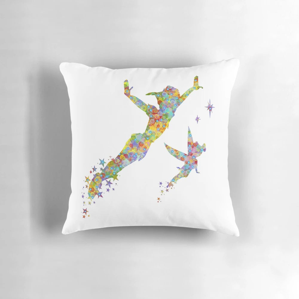 Colorful watercolor dot pattern pillow with Peter Pan and Neverland silhouettes