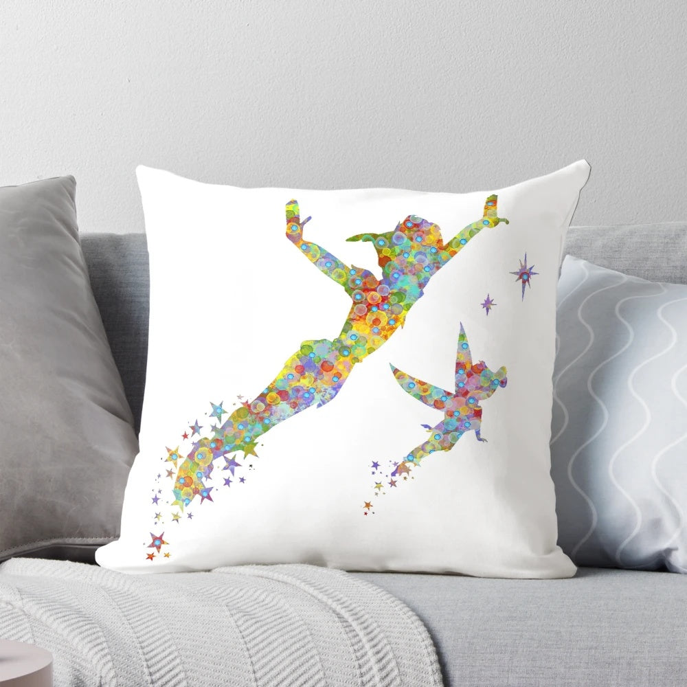 Colorful watercolor dot pattern pillow with Peter Pan and Neverland silhouettes