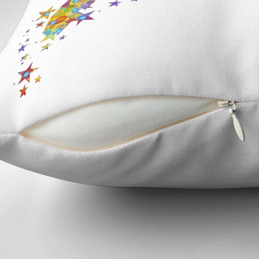 Colorful watercolor dot pattern pillow with Peter Pan and Neverland silhouettes