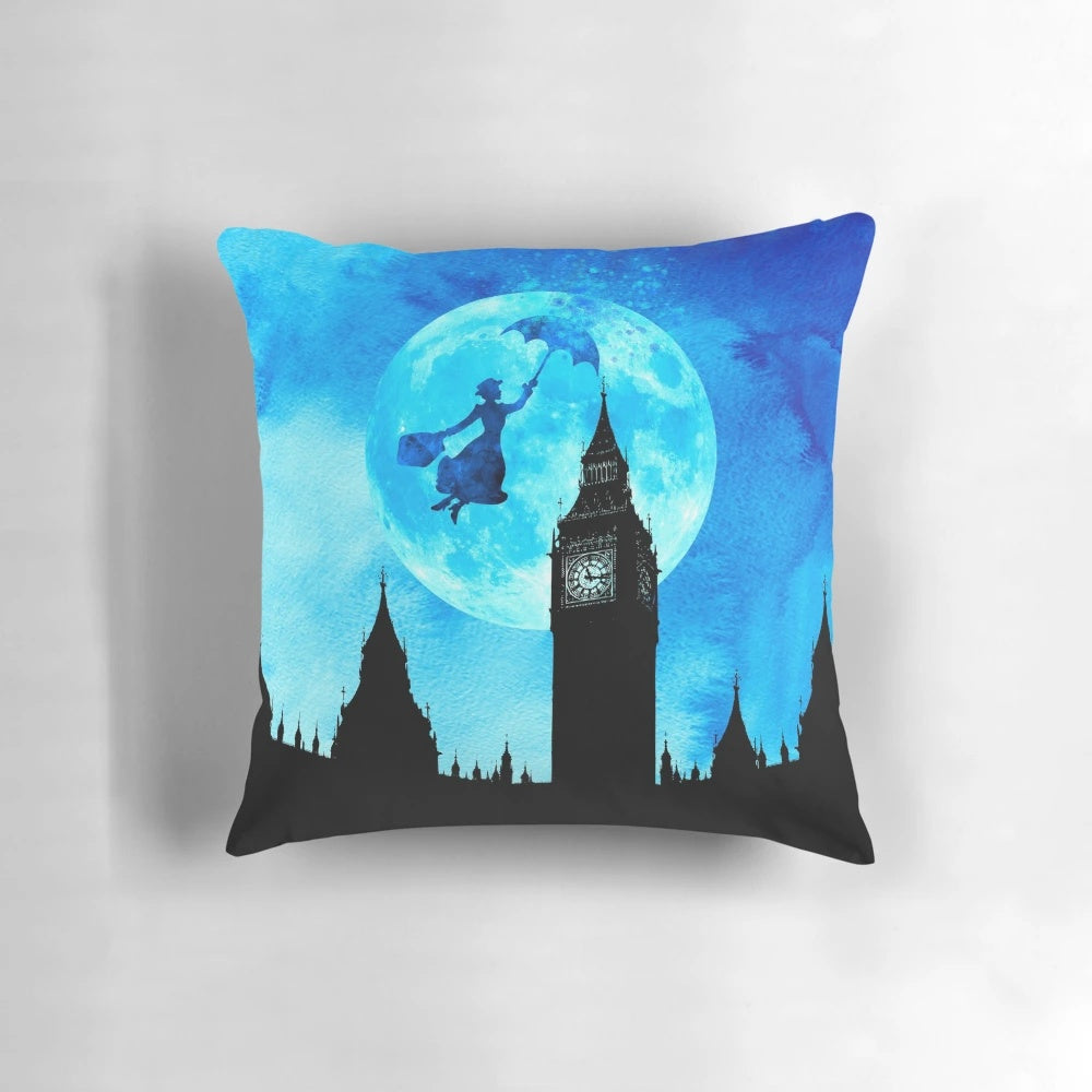 Vibrant watercolor design of Mary Poppins on a soft, comfortable pillow - perfect for adding magical touches to your home decor.